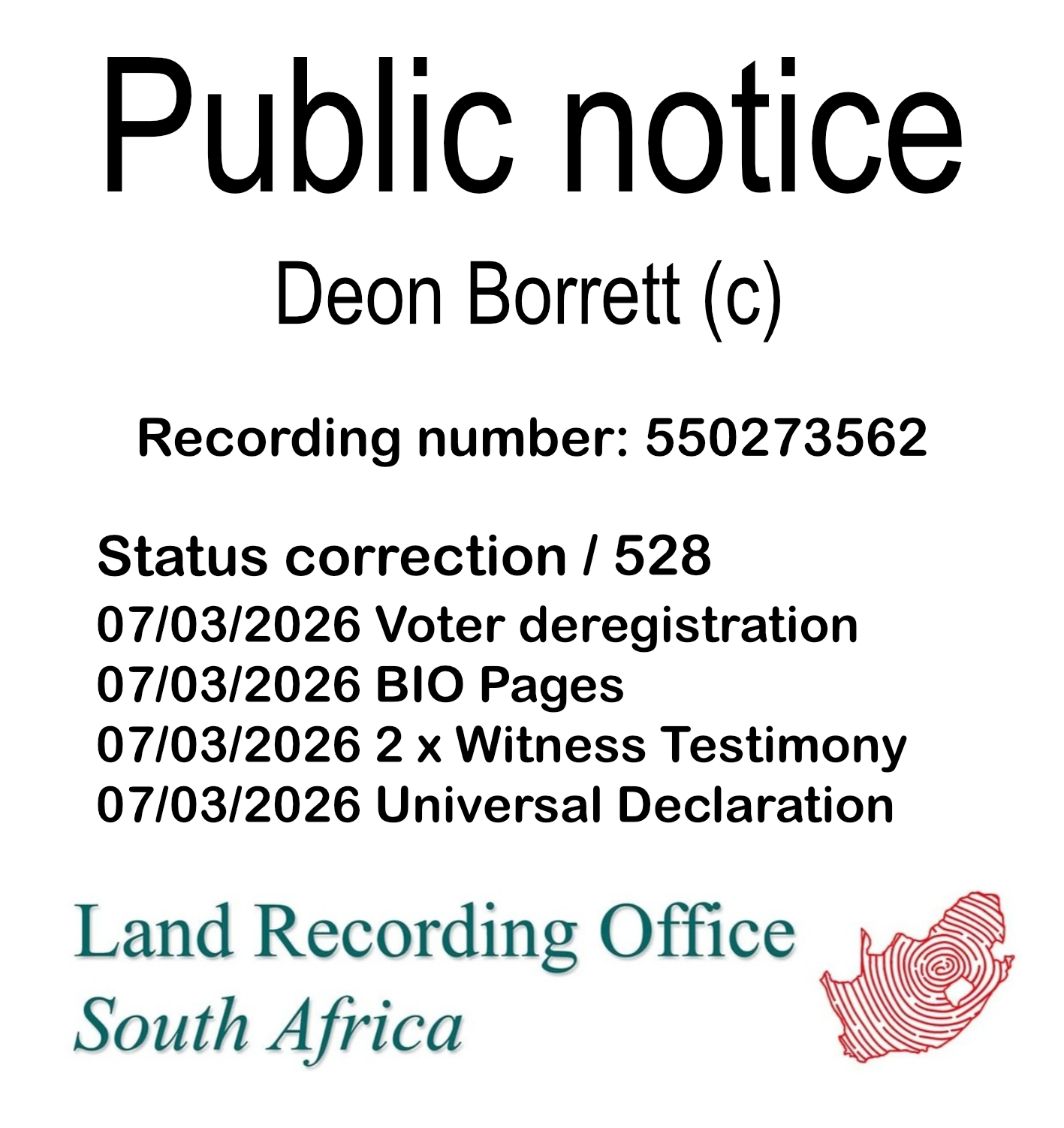 Public notice Deon Borrett (c) Recording number 550273562